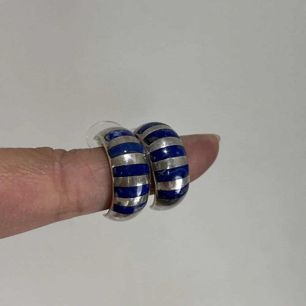 925 Sterling Silver And Lapis Lazuli Inlay Half Hoop Earrings